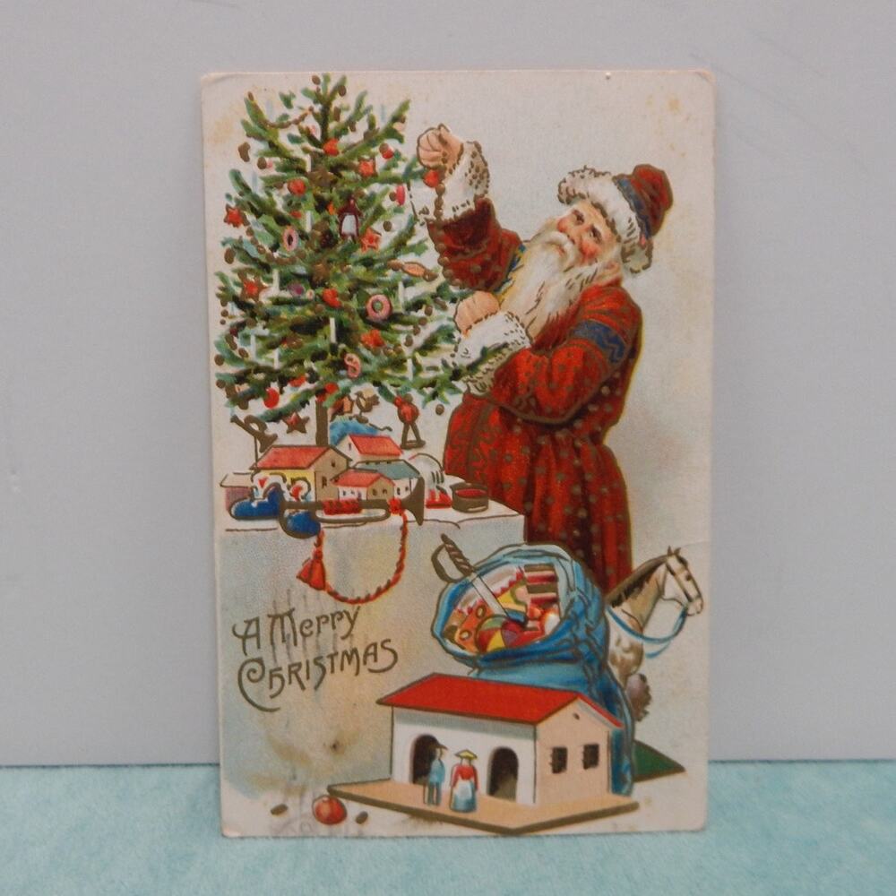 Antique Christmas Postcard Santa Claus Red Robe with Stars Divided 1908